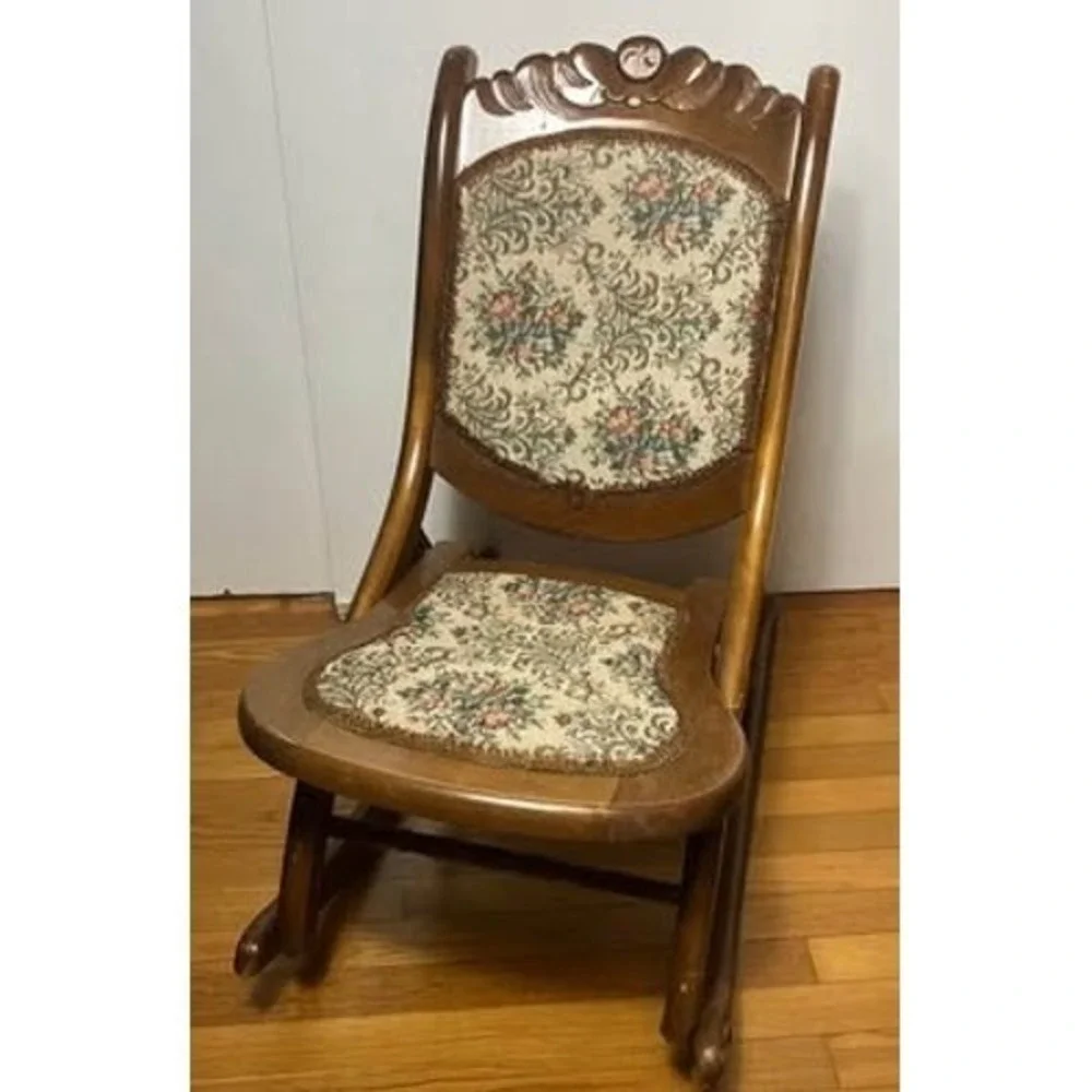 Vintage Folding Rocking Chair Wood Carved Floral Tapestry Upholstered Portable
